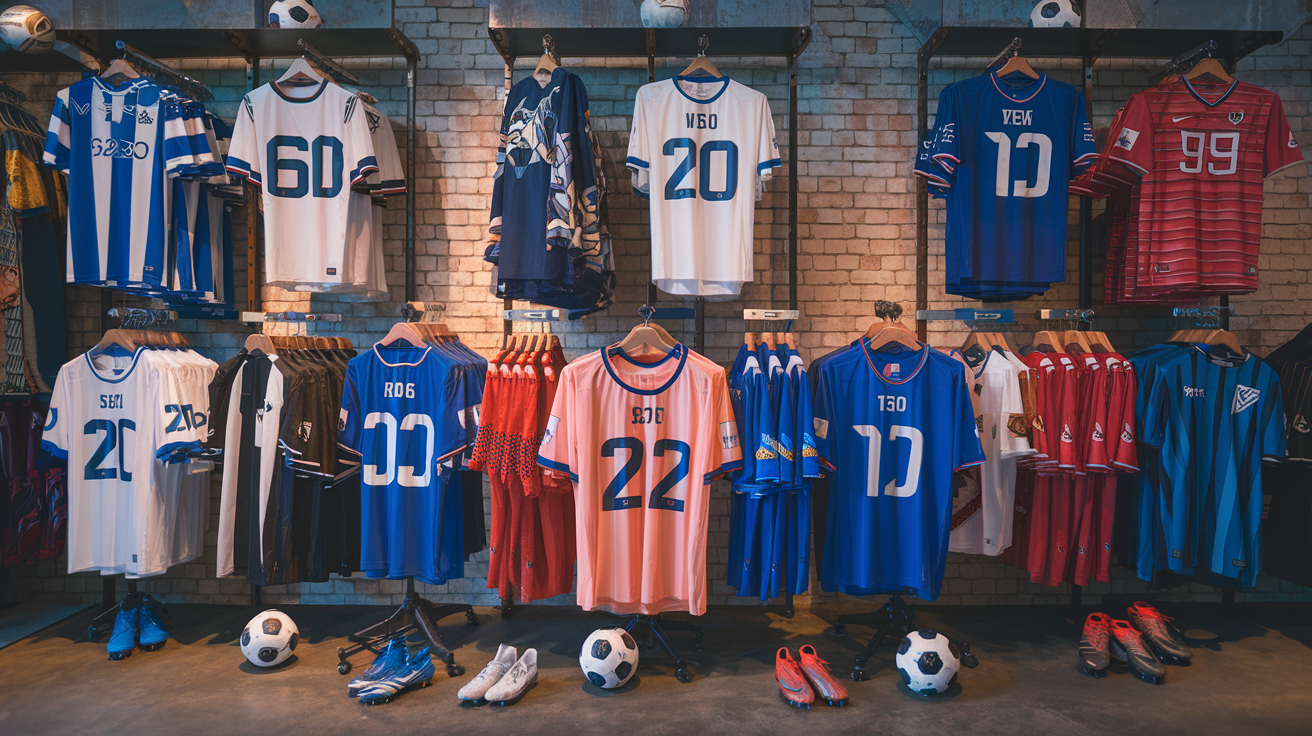 a rack of sports jerseys and football balls